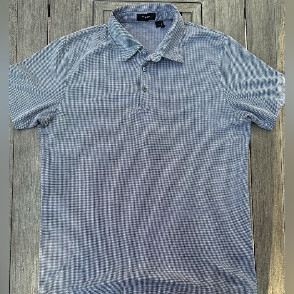 Theory Bronco Micro Cube Polo Shirt L Gray Black Textured Slim Fit